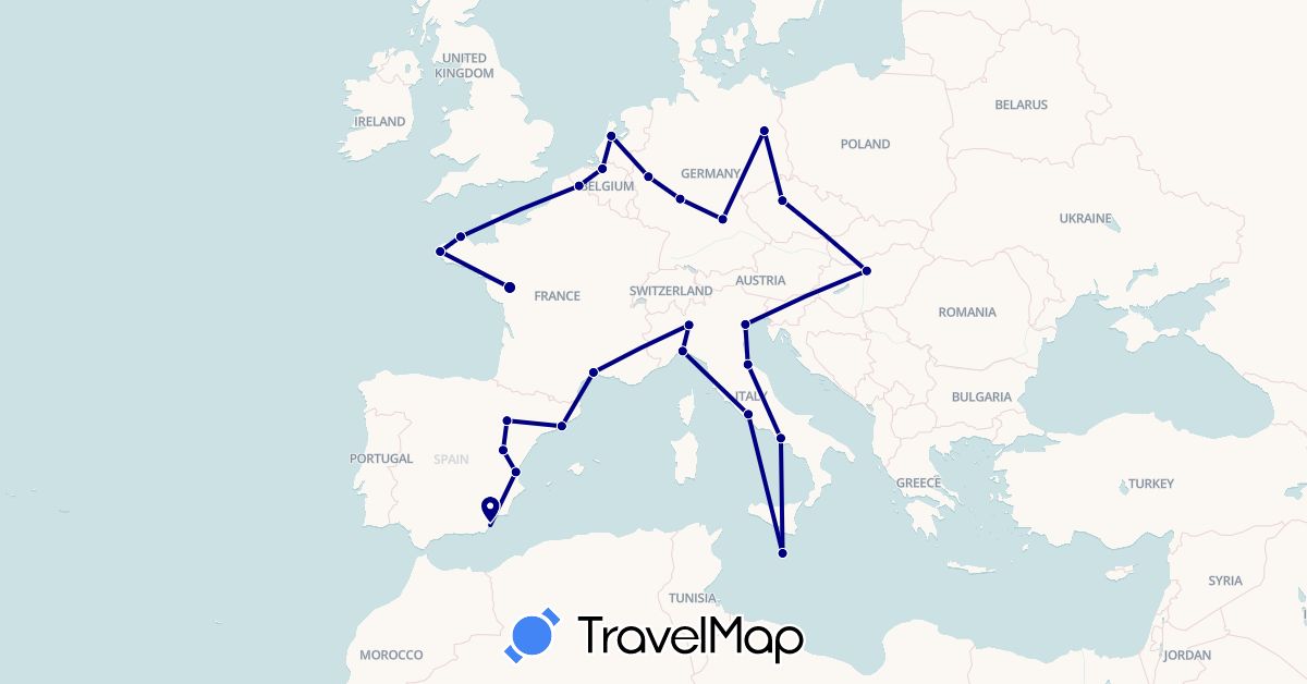 TravelMap itinerary: driving in Belgium, Czech Republic, Germany, Spain, France, Hungary, Italy, Malta, Netherlands (Europe)
